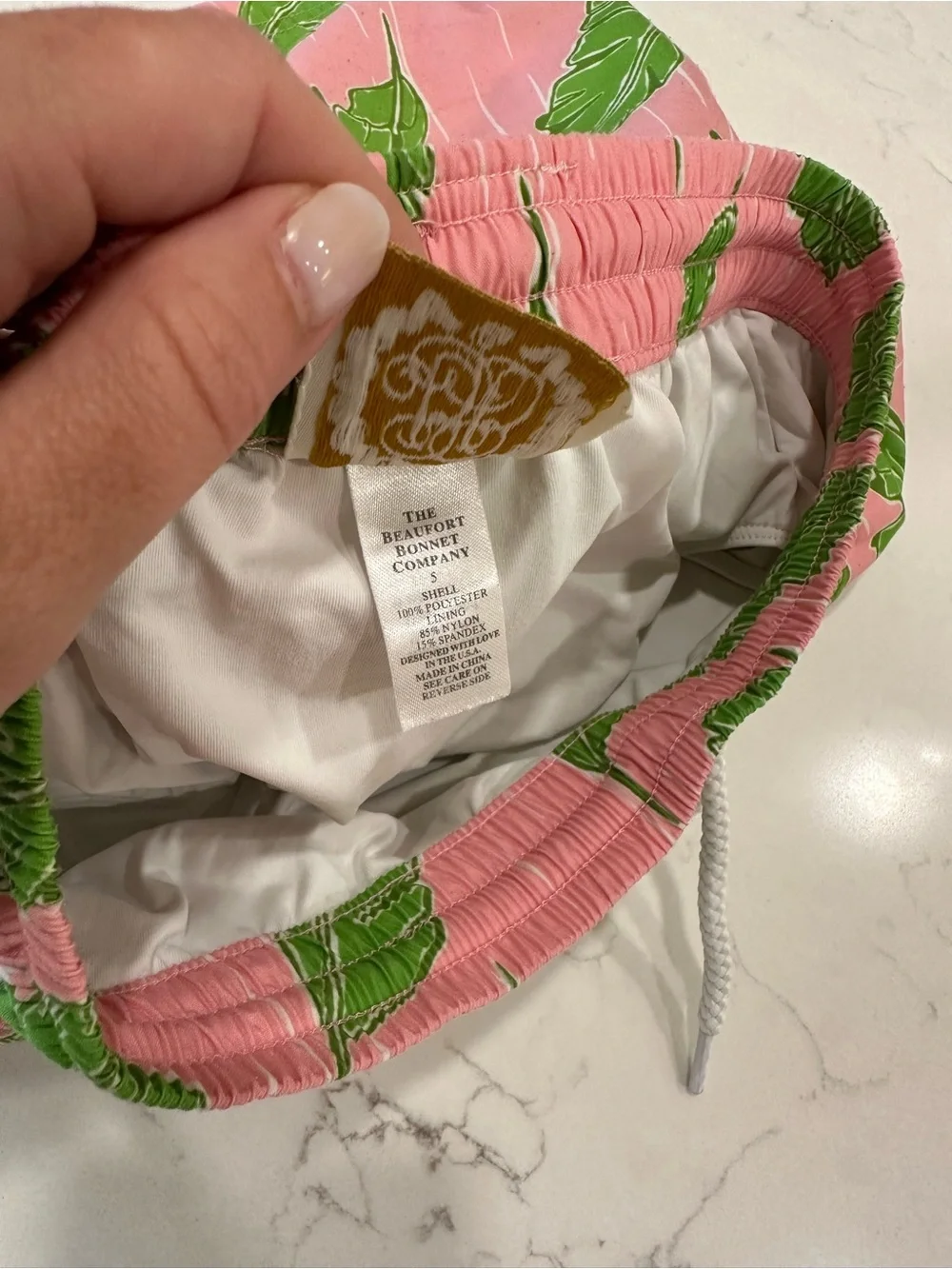 The Beaufort Bonnet Company Pink Swim trunks with Green Palm Print